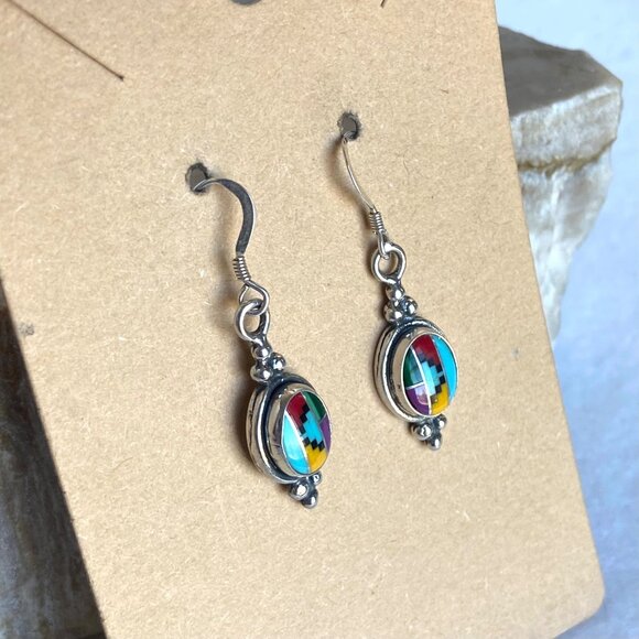 Sterling Silver 925 Southwest Style Turquoise Coral Malachite Dangle Earrings - Picture 4 of 16